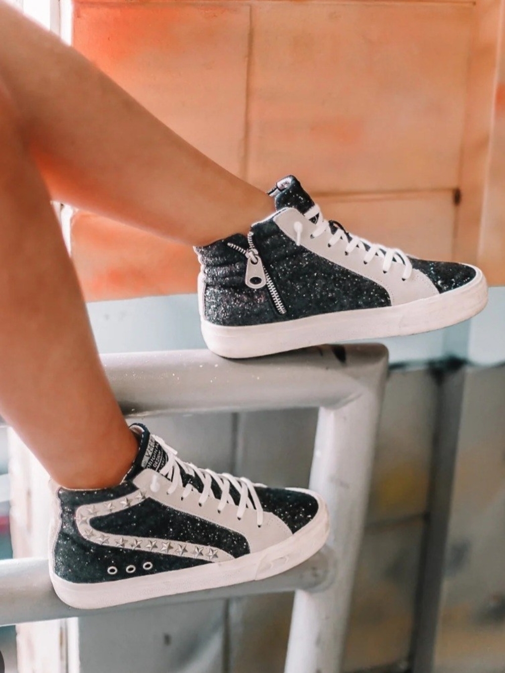 Vintage Havana Black Glitter High-Top Sneakers with White Accents